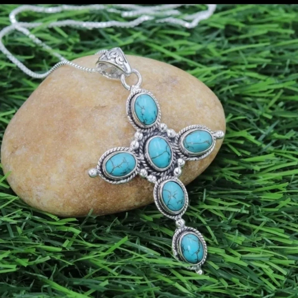 Silvertone Turquoise Cross Pendant Necklace